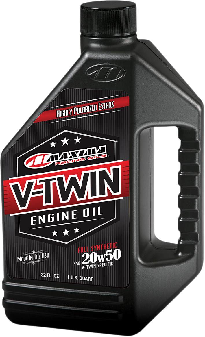 MAXIMA RACING OIL V-Twin Synthetic Oil 20W-50 bottle with label showing product details and brand logo.