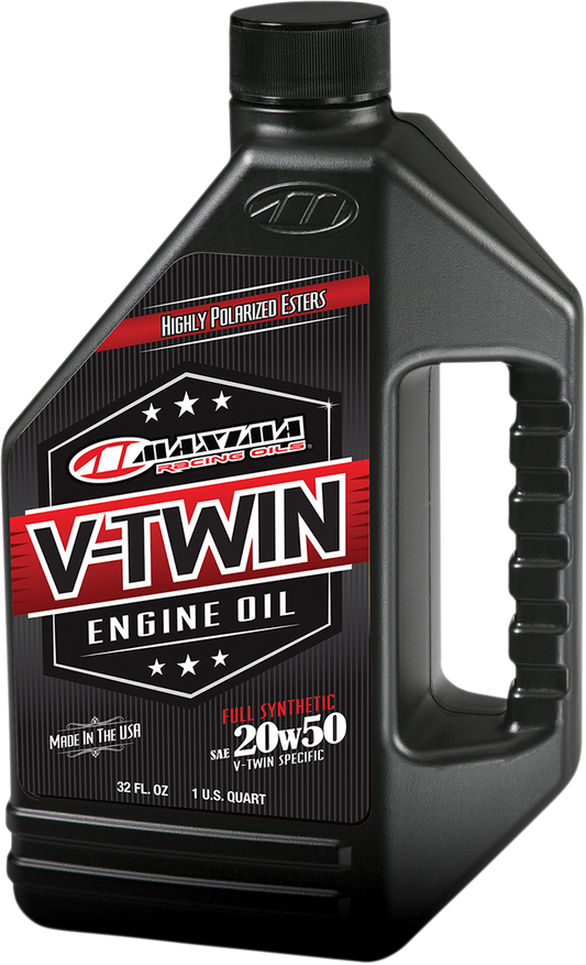 MAXIMA RACING OIL V-Twin Synthetic Oil 20W-50 bottle with label showing product details and brand logo.