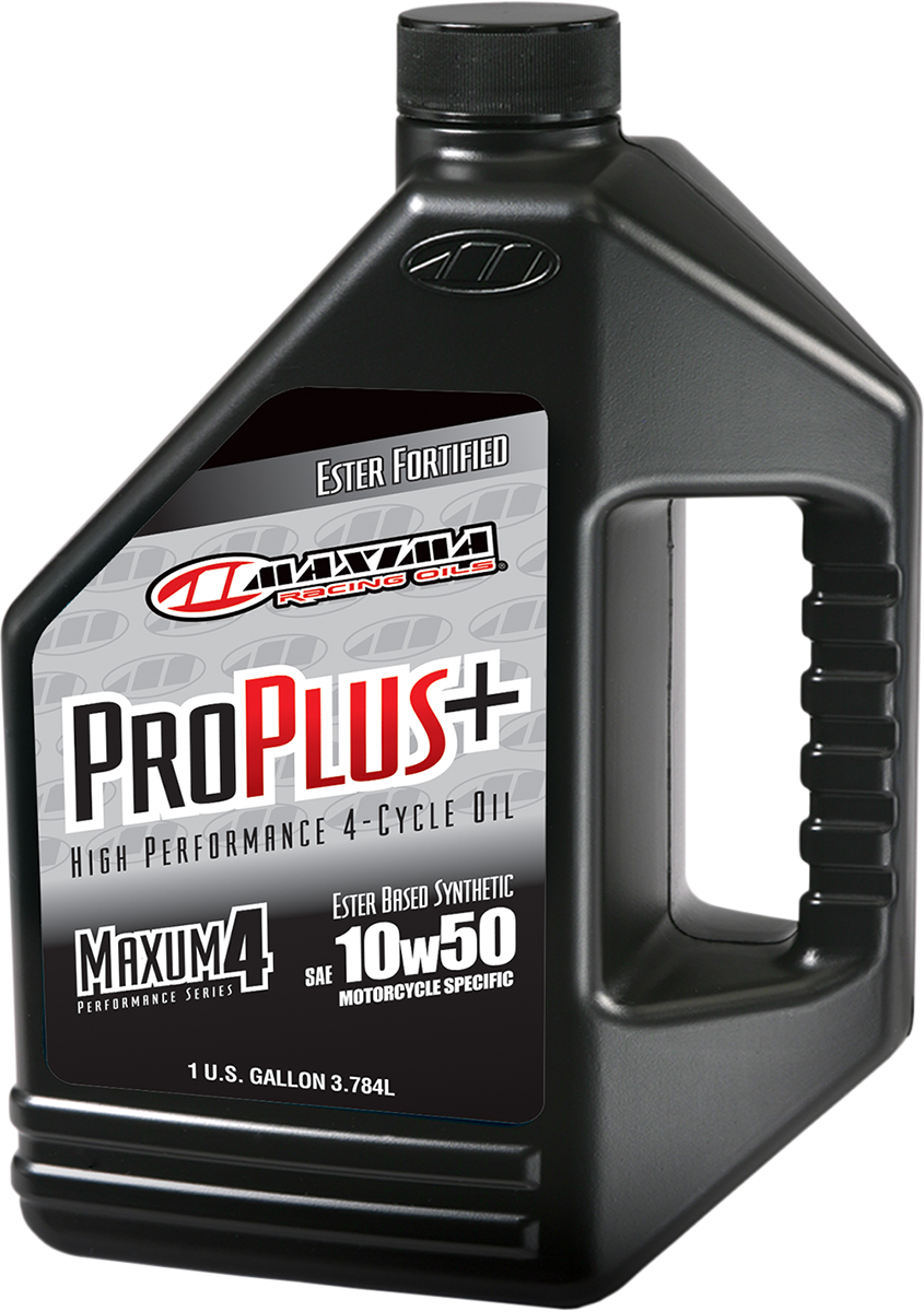 Maxima Racing Oil Pro Plus+ 4T 10W-50 engine oil gallon container, designed for motorcycle engines, part #30-199128.