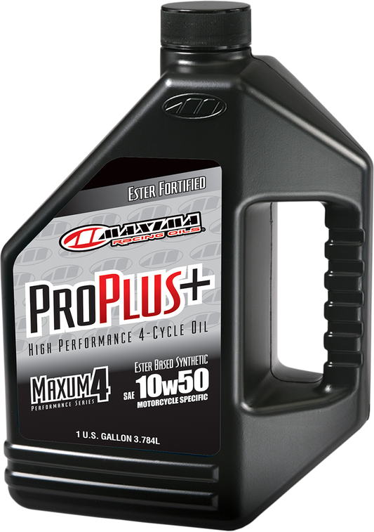 Maxima Racing Oil Pro Plus+ 4T 10W-50 engine oil gallon container, designed for motorcycle engines, part #30-199128.