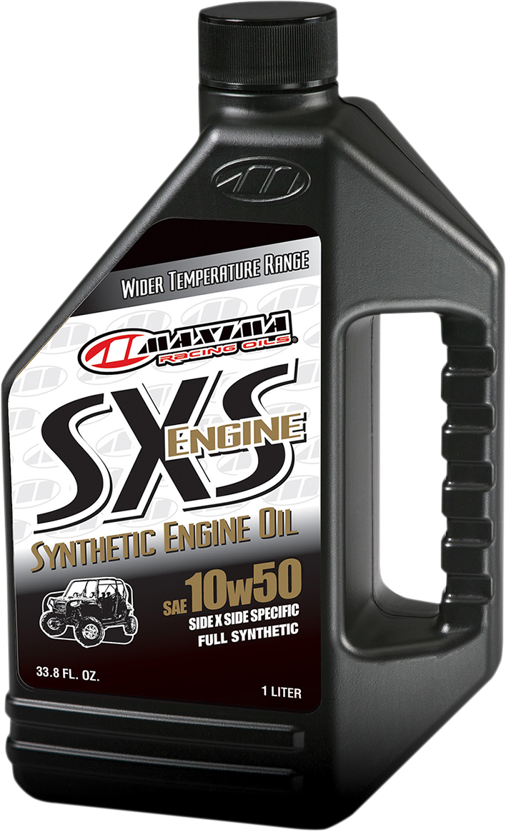 MAXIMA RACING OIL SXS UTV Synthetic 4T Oil 10W-50 bottle with label and cap, designed for off-road UTV motorcycle engines