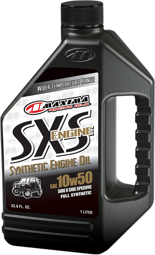 MAXIMA RACING OIL SXS UTV Synthetic 4T Oil 10W-50 bottle with label and cap, designed for off-road UTV motorcycle engines
