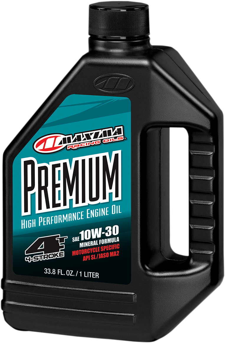 Maxima Racing Oil 10W-30 4T engine oil quart container with label showing brand and product details.