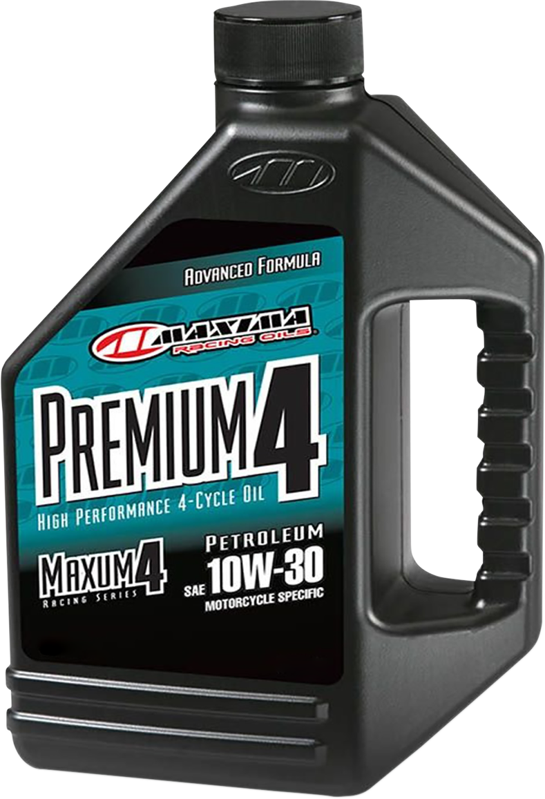 MAXIMA RACING OIL Premium 10W-30 4T engine oil gallon container for high-performance motorcycle engines.