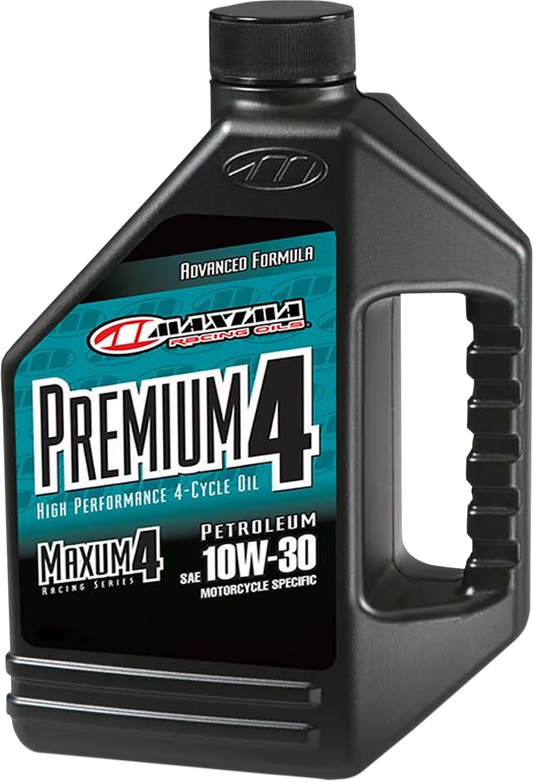 MAXIMA RACING OIL Premium 10W-30 4T engine oil gallon container for high-performance motorcycle engines.