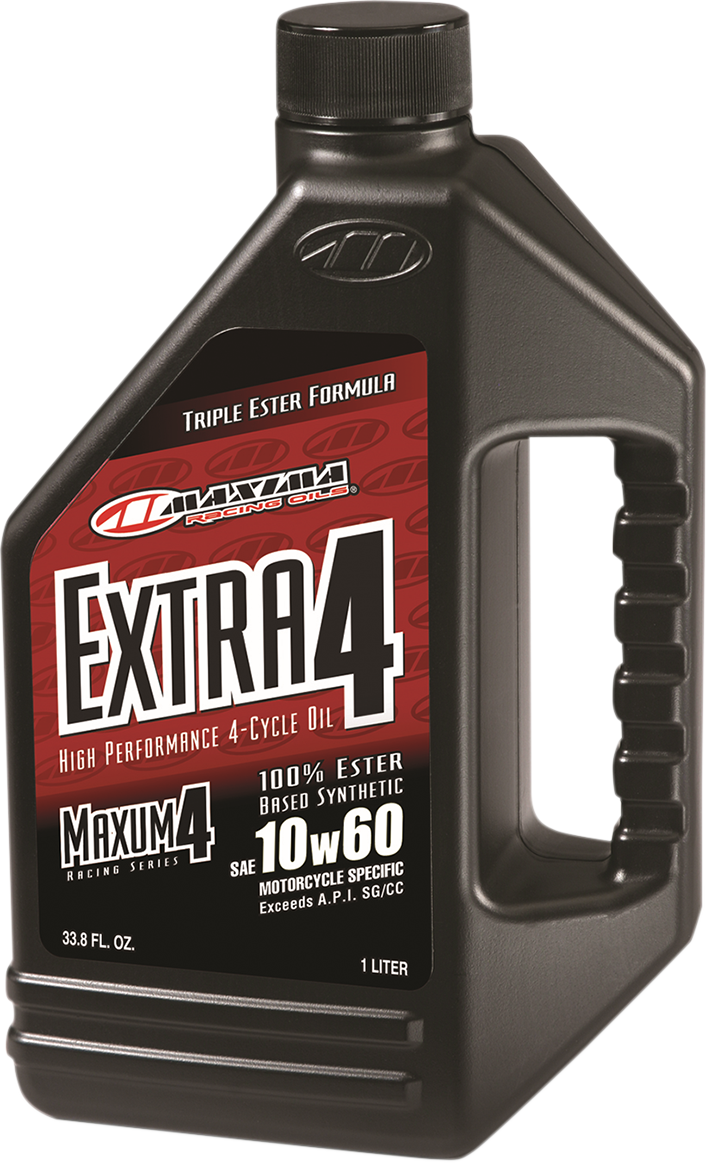 Maxima Racing Oil Extra Synthetic 4T 10W60 motorcycle oil in a 1-liter bottle with label and cap.