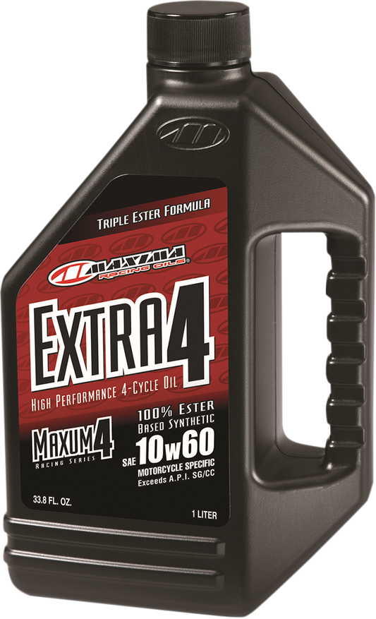 Maxima Racing Oil Extra Synthetic 4T 10W60 motorcycle oil in a 1-liter bottle with label and cap.
