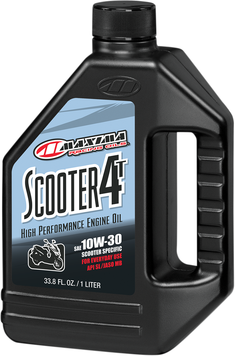 Maxima Racing Oil Scooter 4T 10W30 bottle showing 1-liter container with label for motorcycle engine oil.