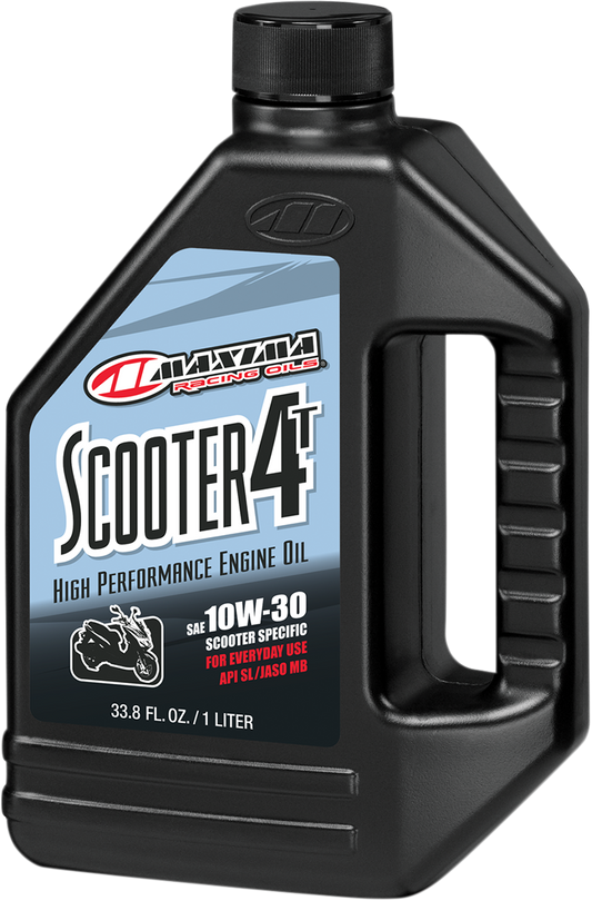 Maxima Racing Oil Scooter 4T 10W30 bottle showing 1-liter container with label for motorcycle engine oil.
