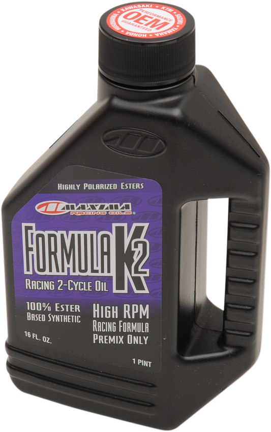 Maxima Racing Oil Formula K2 2-Stroke Premix Oil bottle, 16 oz, for high-performance engines, synthetic 2-stroke engine oil.