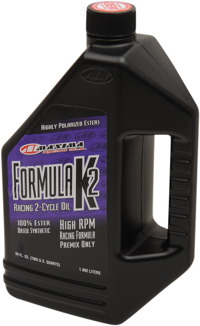Maxima Racing Oil Formula K2 synthetic premix bottle, 64 fl oz, with label and cap visible.