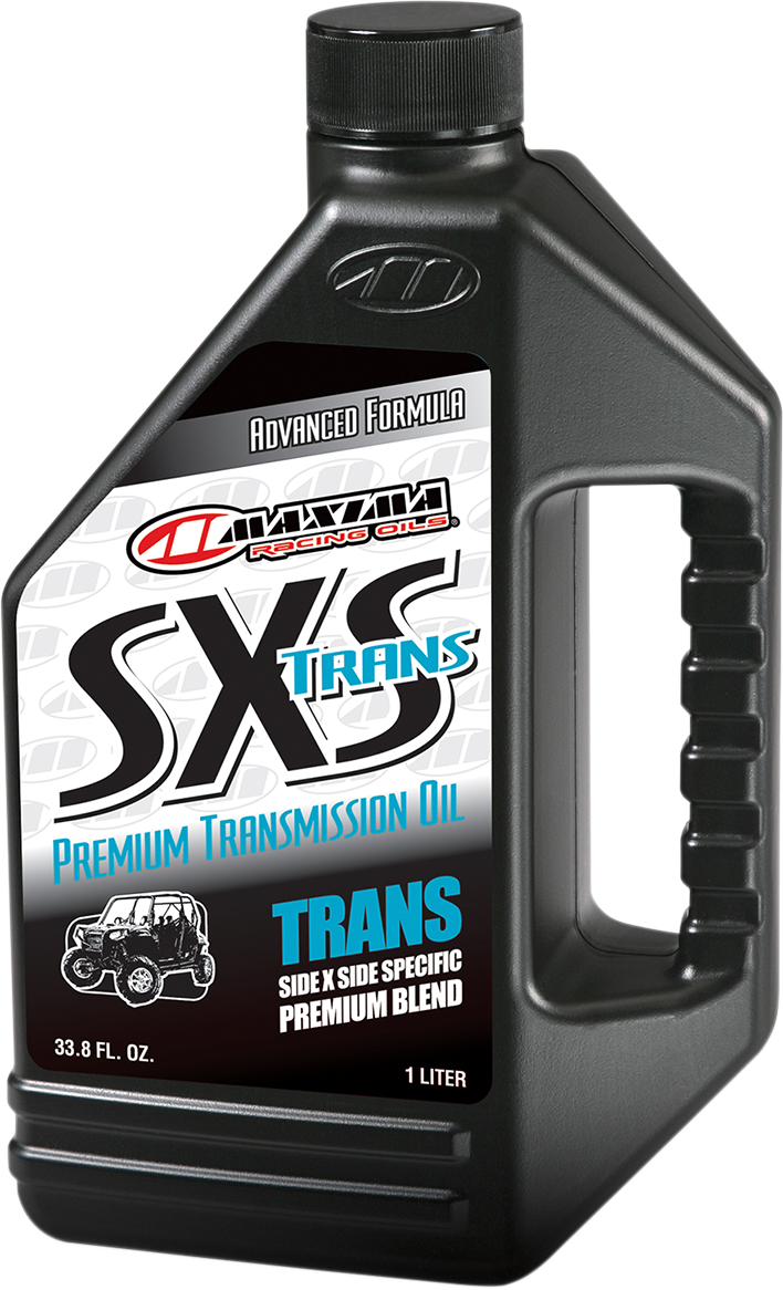 Maxima Racing Oil SXS UTV transmission oil quart bottle showing label with product details and brand logo.