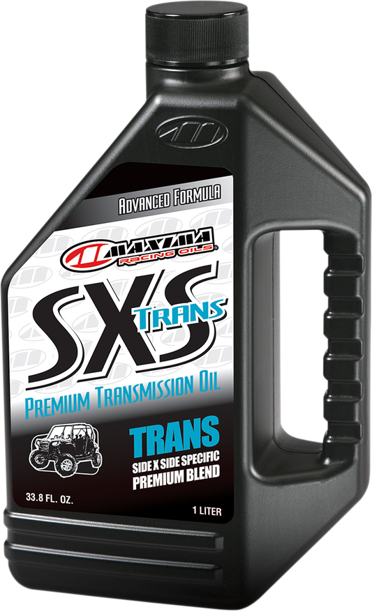Maxima Racing Oil SXS UTV transmission oil quart bottle showing label with product details and brand logo.