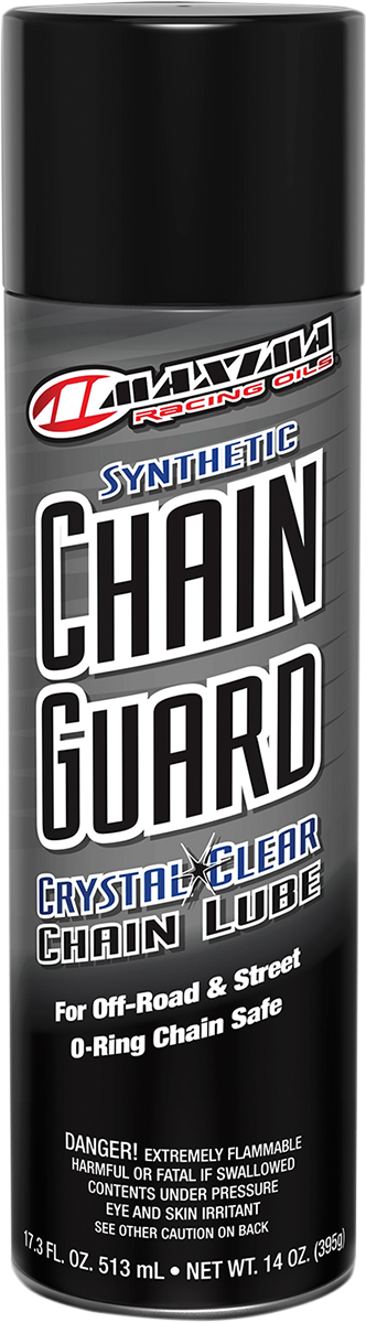 MAXIMA RACING OIL synthetic chain guard lube in a 14 oz aerosol can, ideal for motorcycle chains and performance lubrication.