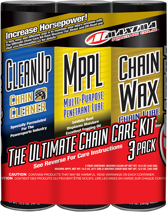 MAXIMA RACING OIL Chain Wax and Maintenance Kit with aerosol cleaner, MPPL, and chain wax for motorcycle chain lubrication.