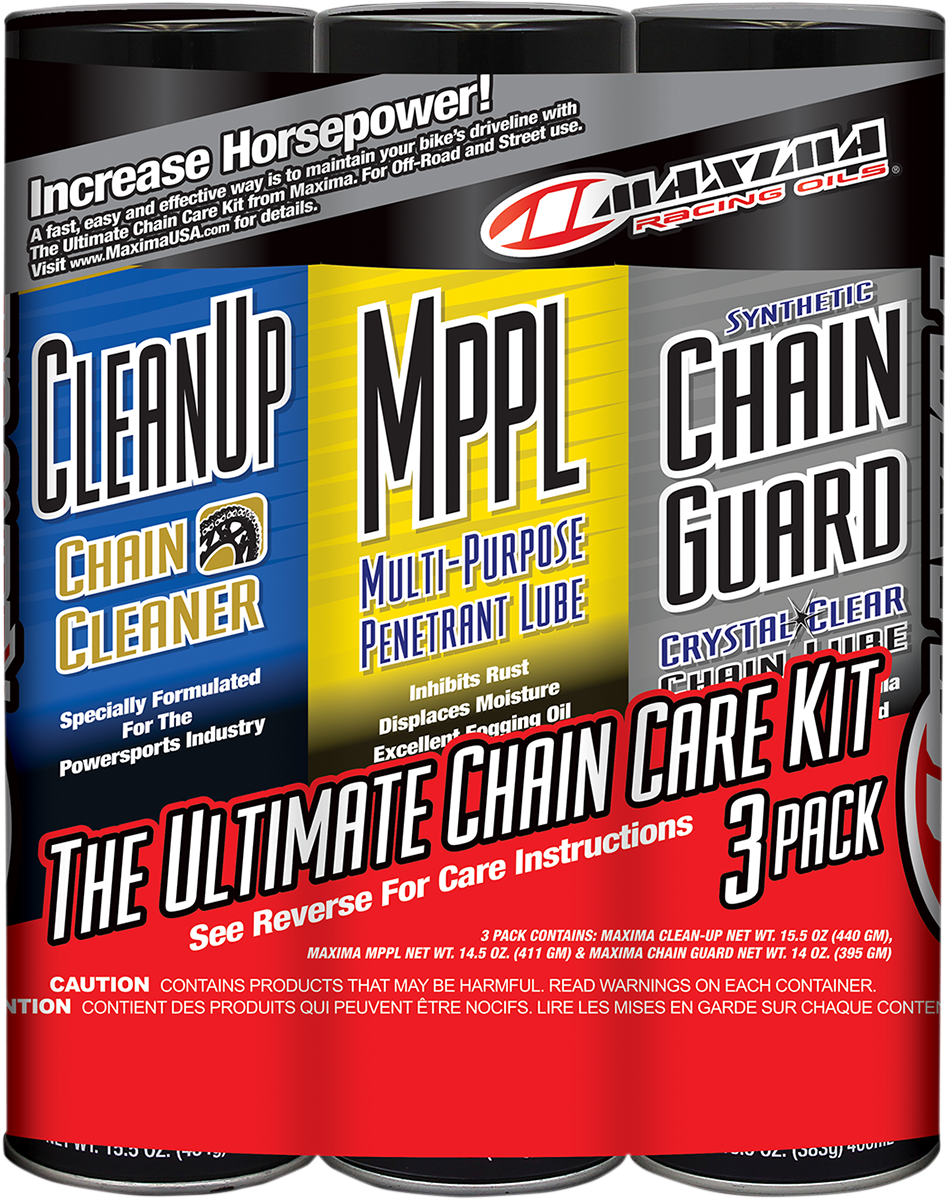 MAXIMA RACING OIL Synthetic Chain Care Kit aerosol, includes chain lubricant spray for motorcycle chain maintenance.