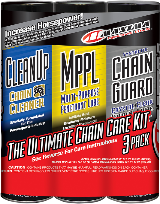 MAXIMA RACING OIL Synthetic Chain Care Kit aerosol, includes chain lubricant spray for motorcycle chain maintenance.