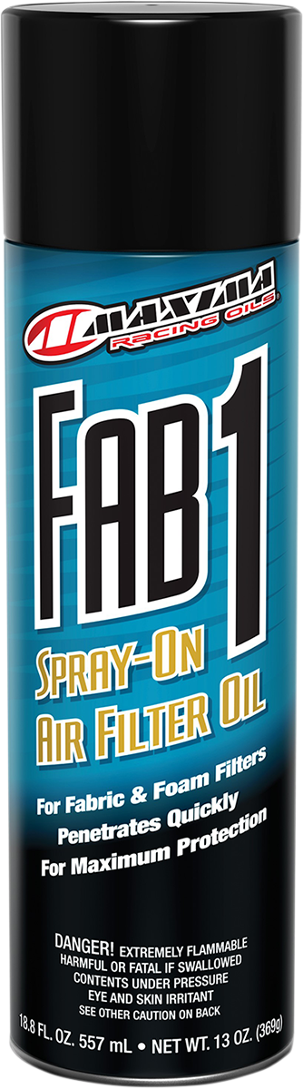 Maxima Racing Oil Fab1 Filter Oil aerosol spray bottle with 13 oz. for dustproof and waterproof protection of oil-type air filters.