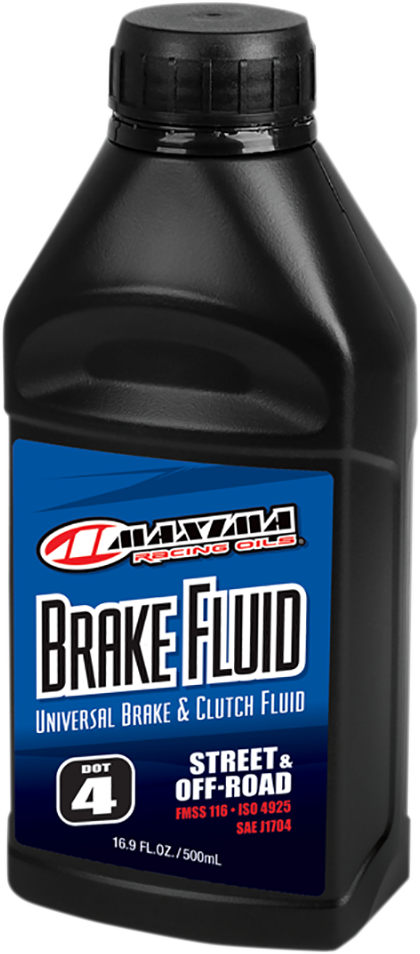 MAXIMA RACING OIL DOT 4 Brake Fluid in 16.9 fl oz bottle, suitable for high-performance vehicle brake systems.