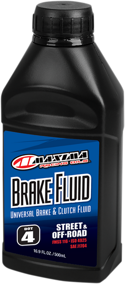 MAXIMA RACING OIL DOT 4 Brake Fluid in 16.9 fl oz bottle, suitable for high-performance vehicle brake systems.