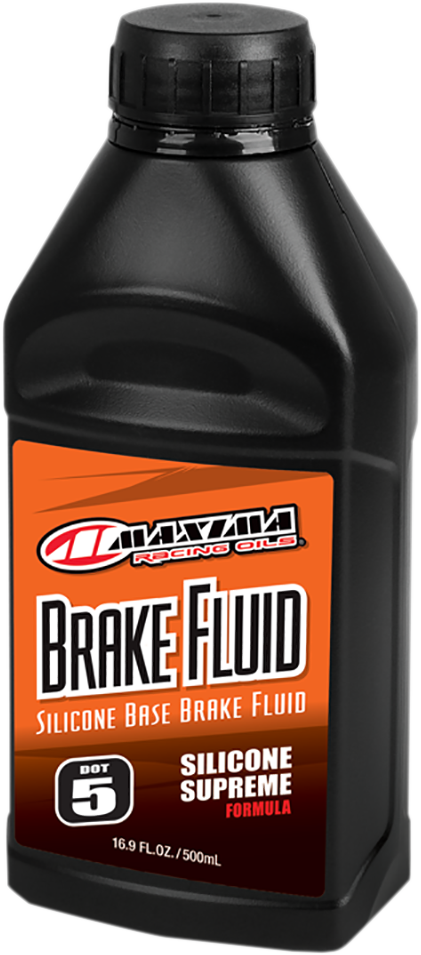 Maxima Racing Oil DOT 5 brake fluid bottle with white label, 16.9 fl oz, showing the product and branding.