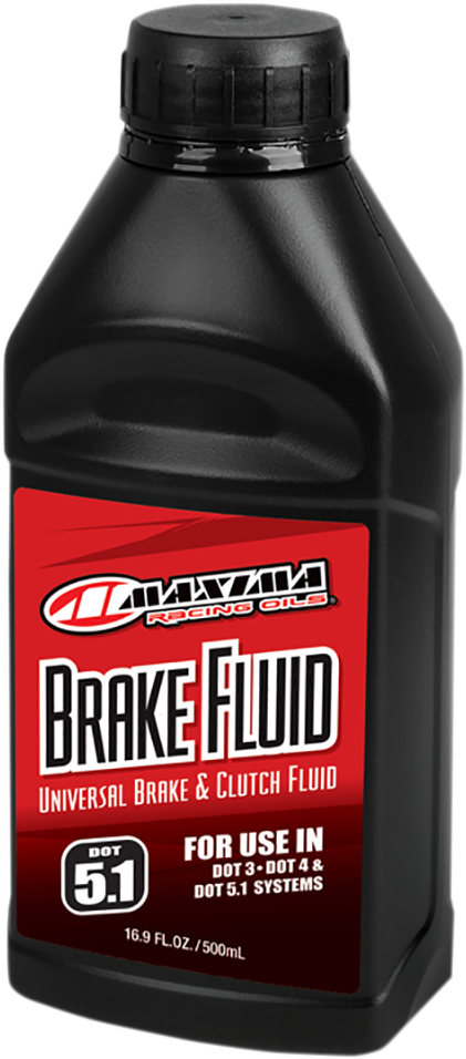 Maxima Racing Oil DOT 5.1 brake fluid bottle, 500ml container with label and cap, designed for high-performance automotive braking systems.