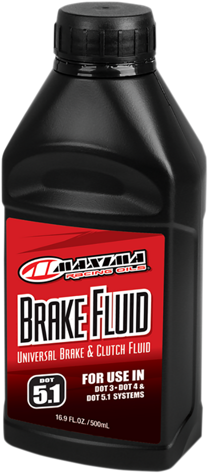 Maxima Racing Oil DOT 5.1 brake fluid bottle, 500ml container with label and cap, designed for high-performance automotive braking systems.
