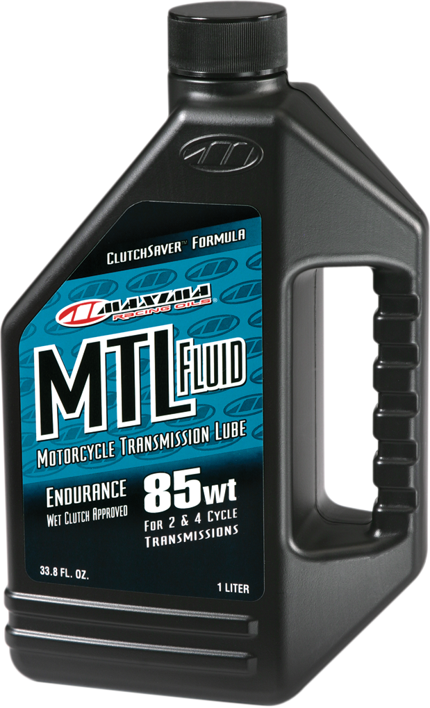MAXIMA RACING OIL MTL-E gear oil 85wt bottle, 1 liter, with product label visible, for high-performance motorcycle transmissions
