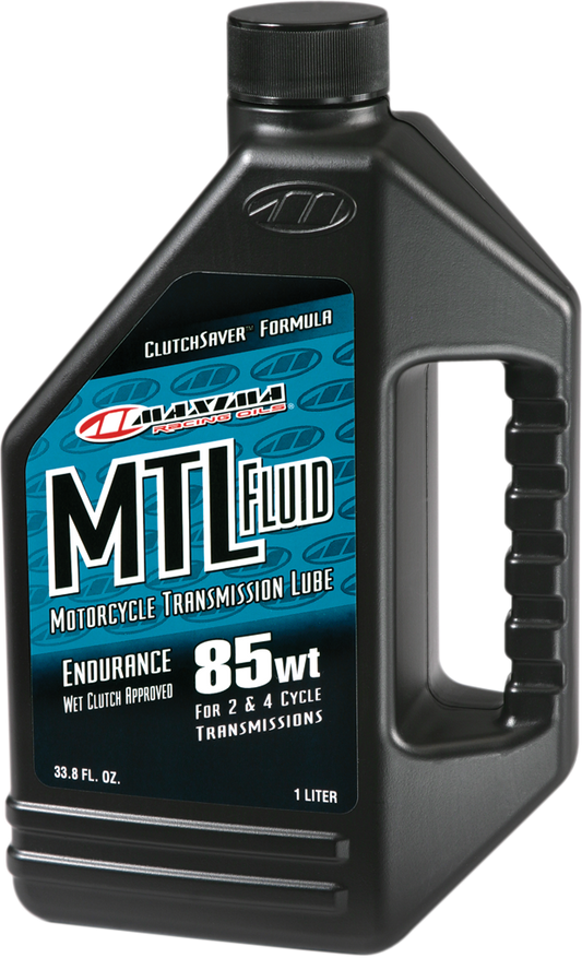 MAXIMA RACING OIL MTL-E gear oil 85wt bottle, 1 liter, with product label visible, for high-performance motorcycle transmissions