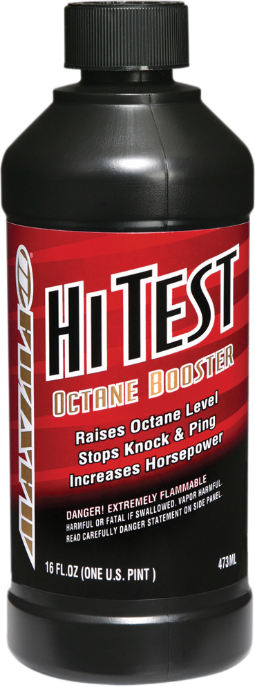 MAXIMA RACING OIL Hi Test Octane Boost in a 16 fl oz bottle, designed to enhance high-performance engine fuel efficiency.