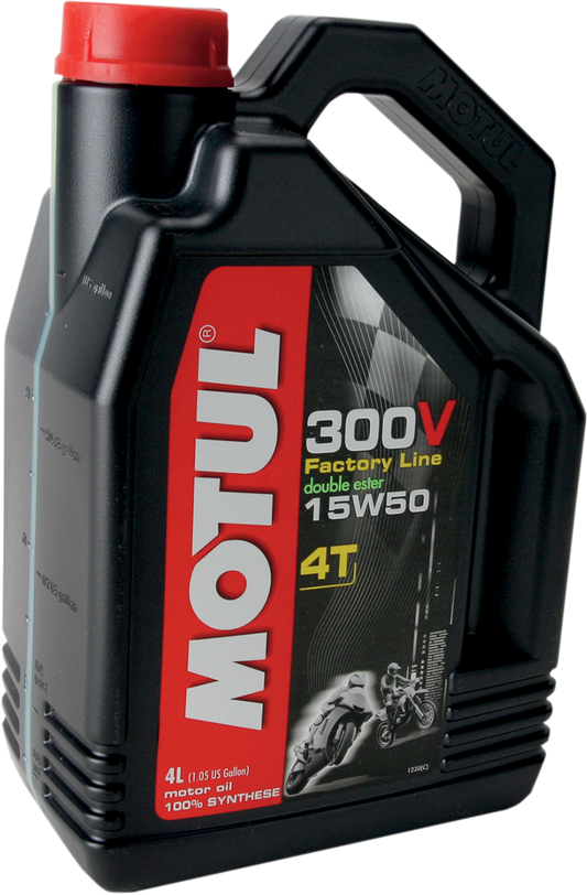 MOTUL 300V Synthetic Ester Oil 15W-50 4L container for high-performance 4-stroke engines, showing the motor oil bottle and label.