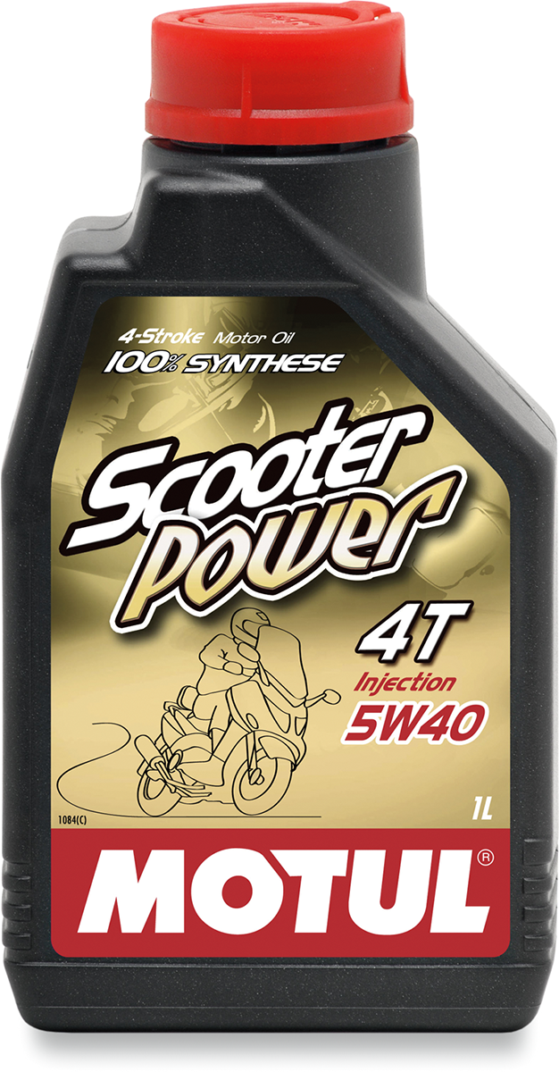 MOTUL Scooter Power 4T 5W-40 motor oil 1L container, designed for scooter engines, with detailed label and branding visible.
