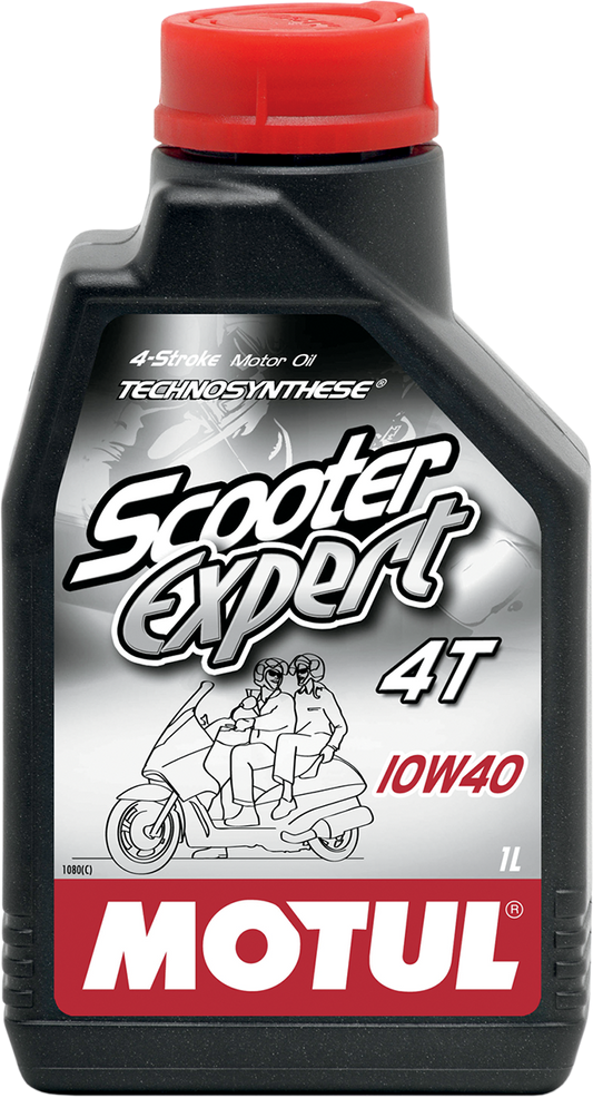 MOTUL Scooter Expert 4T 10W40 engine oil bottle for scooters, 1 liter, with label and cap visible.