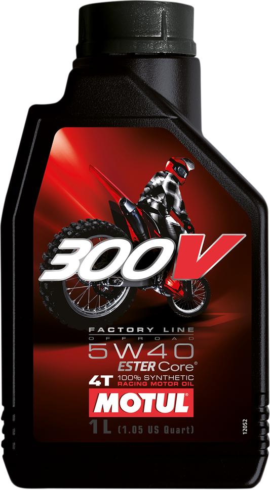 MOTUL 300V Offroad synthetic 5W-40 motor oil container, 1-liter size, with product label visible.