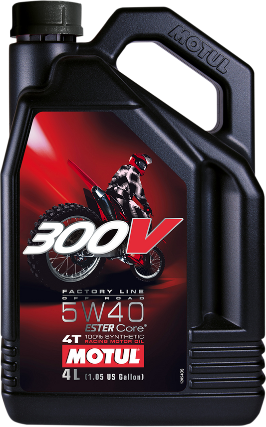 MOTUL 300V Offroad Synthetic Oil 5W-40 4L container, high-performance motor oil for off-road vehicles, by MOTUL.