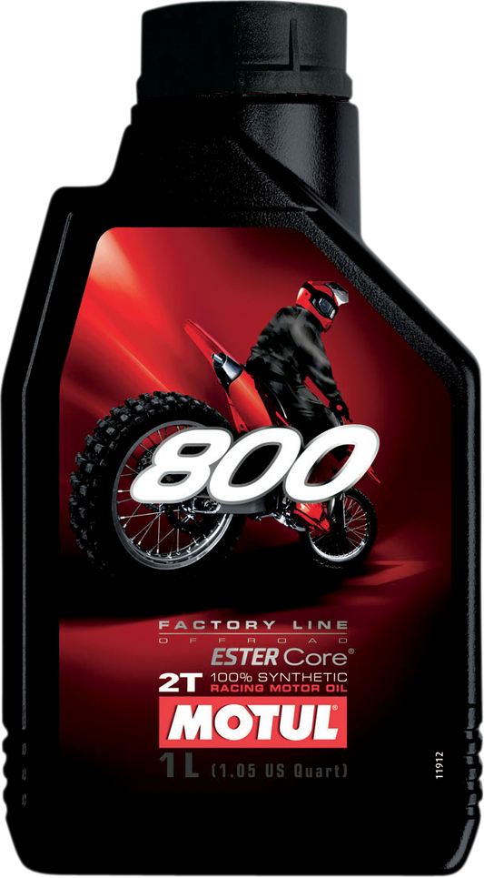 MOTUL 800 2T Off-Road Synthetic Oil bottle, 1 liter, with product label visible for motorcycle or off-road engine use.