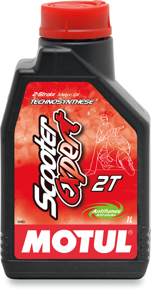 MOTUL Scooter Expert 2T synthetic blend oil bottle for scooters, 1 liter, with label showing product details and brand logo.