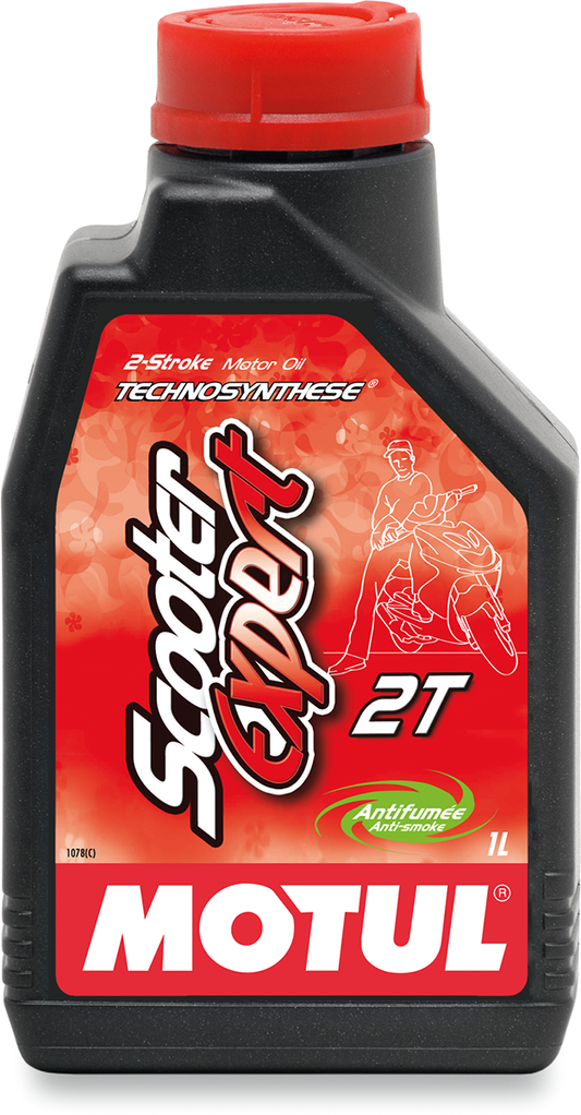 MOTUL Scooter Expert 2T synthetic blend oil bottle for scooters, 1 liter, with label showing product details and brand logo.