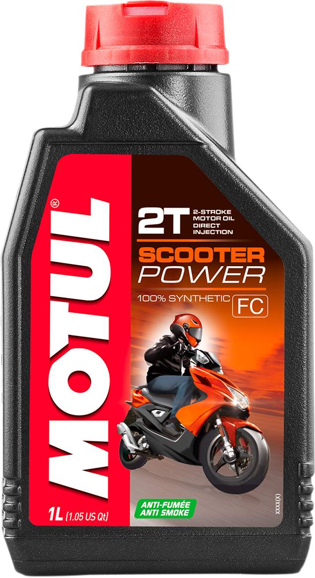 MOTUL Scooter Power 2T Oil 1L bottle, high-performance synthetic 2-stroke scooter engine lubricant.