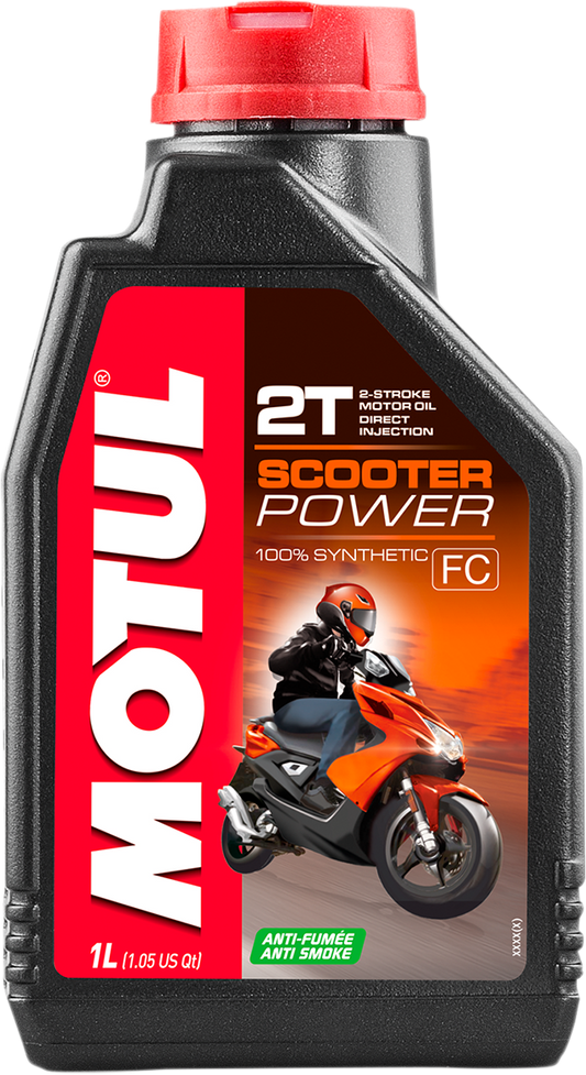 MOTUL Scooter Power 2T Oil 1L bottle, high-performance synthetic 2-stroke scooter engine lubricant.