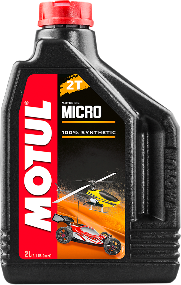 MOTUL Micro 2T Oil 2L synthetic two-stroke engine lubricant bottle with label showing product details.