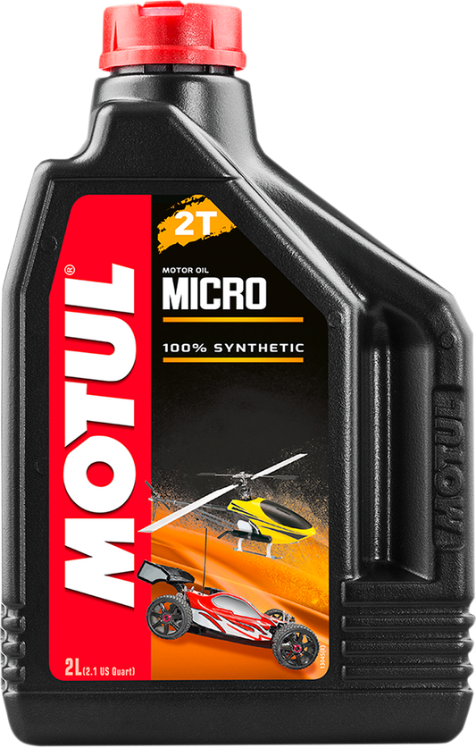 MOTUL Micro 2T Oil 2L synthetic two-stroke engine lubricant bottle with label showing product details.