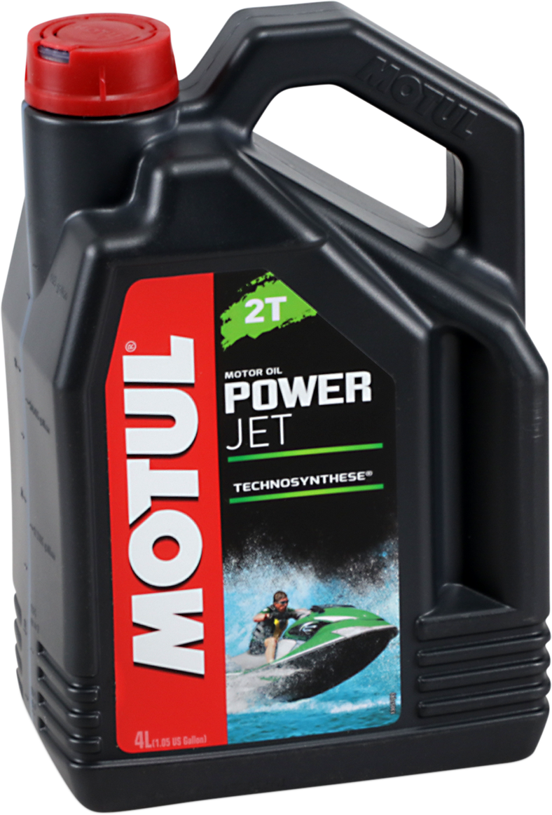 MOTUL Powerjet 2T Oil 4L bottle, high-performance watercraft engine lubricant, with label and cap visible.