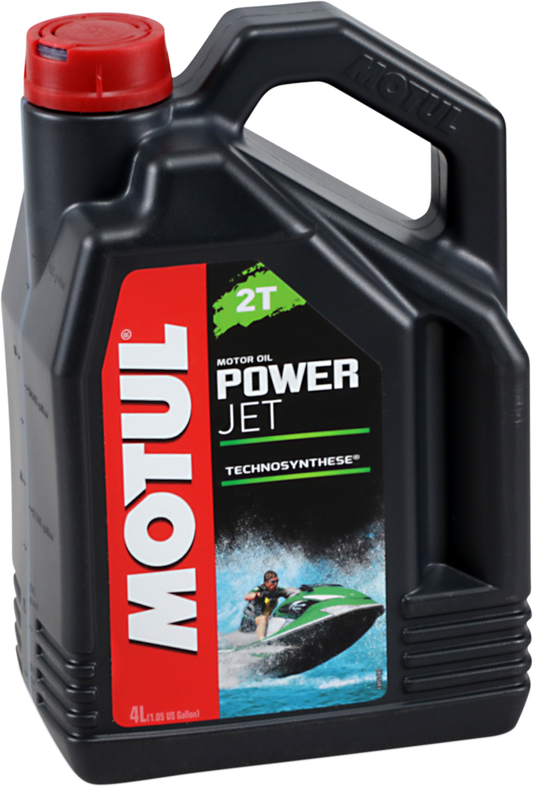 MOTUL Powerjet 2T Oil 4L bottle, high-performance watercraft engine lubricant, with label and cap visible.