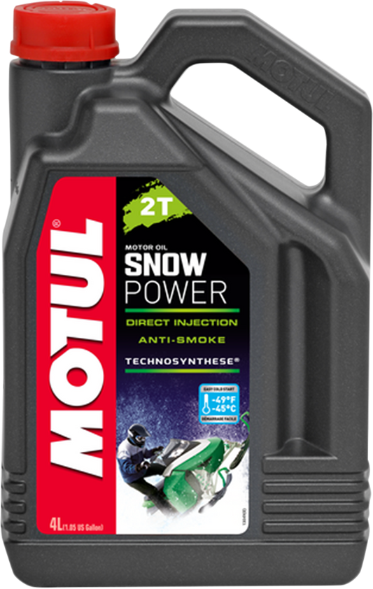 MOTUL Snowpower 2T Ester Oil 4L bottle, high-performance two-stroke engine oil for snowmobiles and outdoor equipment