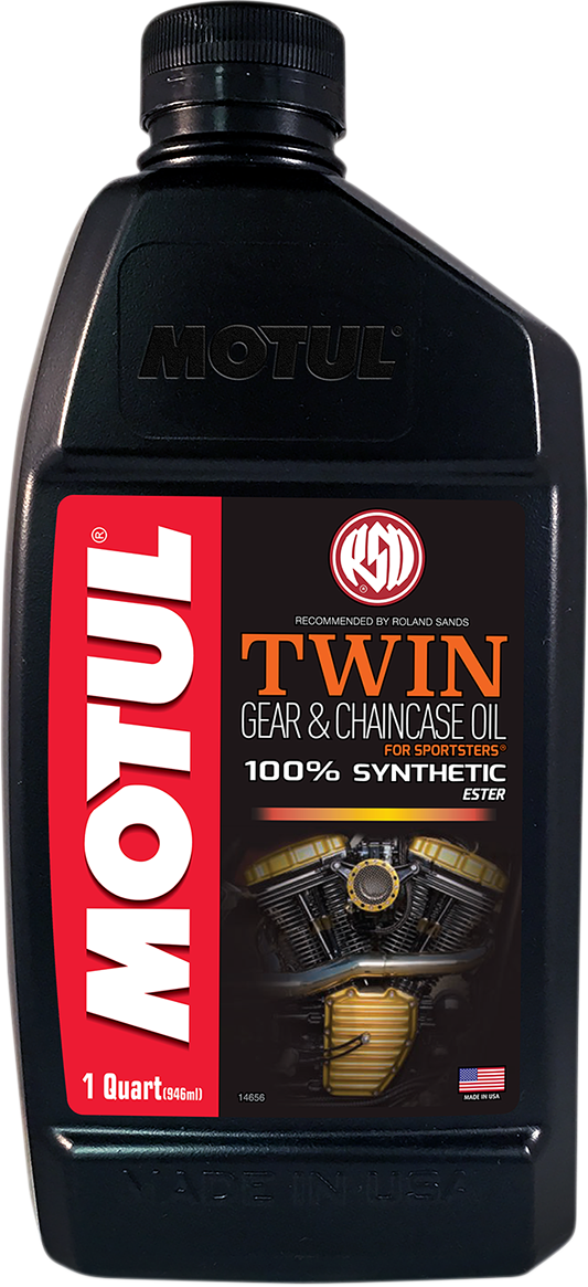 MOTUL V-Twin synthetic gear and chaincase oil in a 1-quart container for Harley-Davidson Sportster motorcycles.
