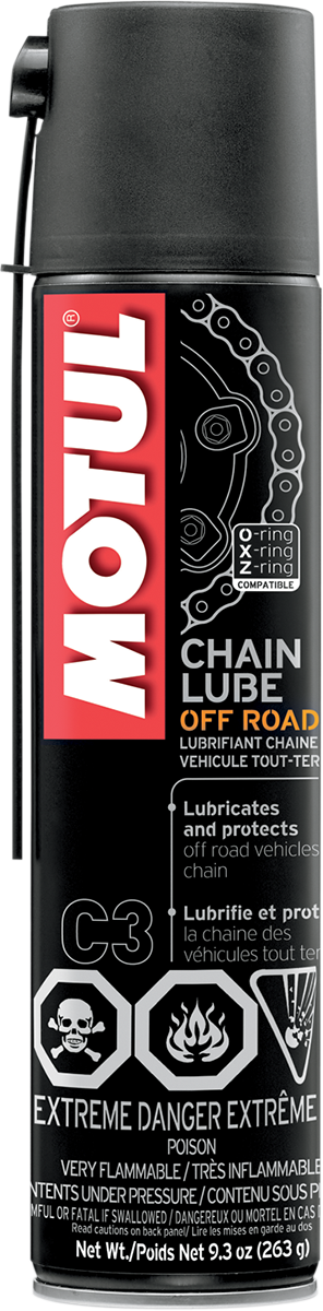 MOTUL Off-Road Chain Lube aerosol can, 9.3 oz, with nozzle for lubricating motorcycle or dirt bike chains during maintenance.