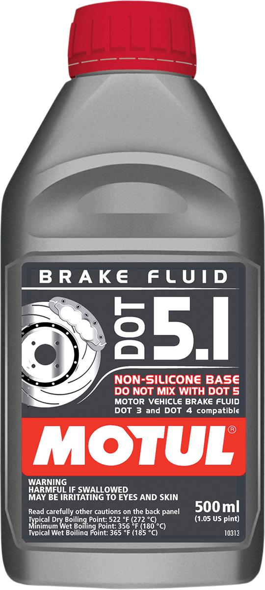 MOTUL DOT 5.1 brake fluid container, 500 ml, with label and cap visible, designed for vehicle brake systems.