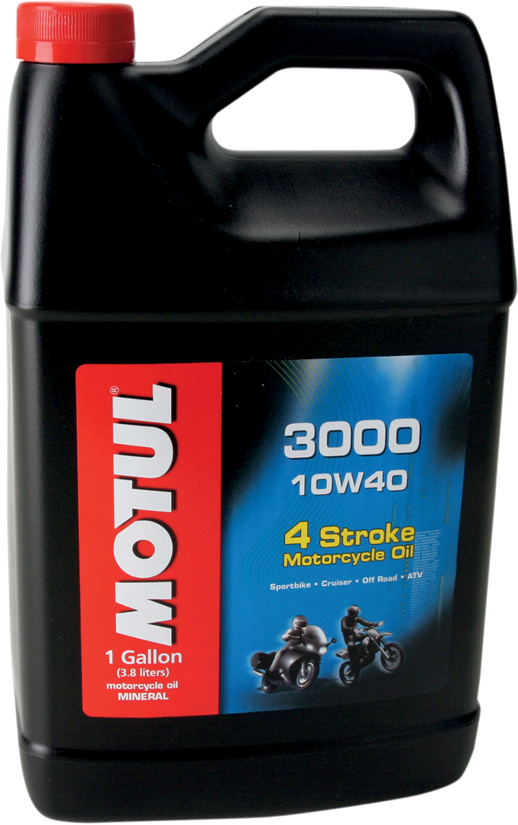 MOTUL 3000 Mineral 4T Engine Oil 10W-40 in a 1-gallon container, suitable for motorcycle engines, part number 107693.