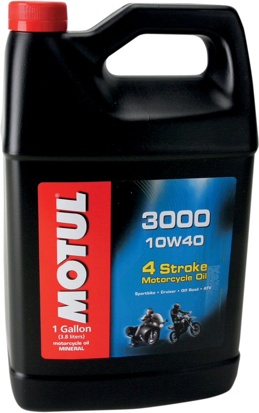 MOTUL 3000 Mineral 4T Engine Oil 10W-40 in a 1-gallon container, suitable for motorcycle engines, part number 107693.